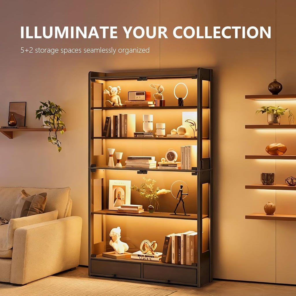 Glass Display Cabinet 69''H with LED Lights, 5-Tier Showcase with Drawers, Collectible Figure Display Case, Freestanding Curio Cabinet, Tall Storage Shelves, Black, 27.6''W