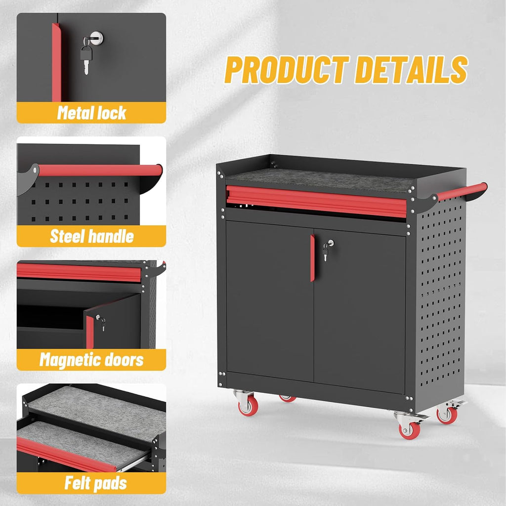 Eltean Rolling Garage Cabinets, Garage Storage Cabinet with Wheels and Workbench, Metal Cabinet with Doors and Shelf, Lockable Metal Storage Cabinets, for Home,Garages, Repair Stores, Warehouses
