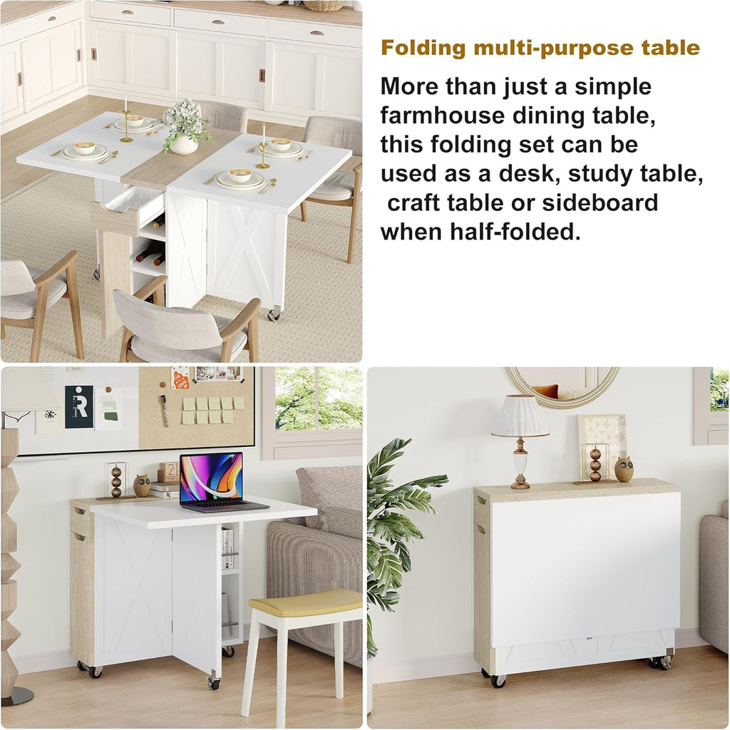 Space Saving Folding Dining Table with 2 Tier Storage-Extendable Drop Leaf Farmhouse Wood Kitchen Dining Room Tables Set for 4, Folding Kitchen Table with 6 Wheels, (Pear Wood Color and White)