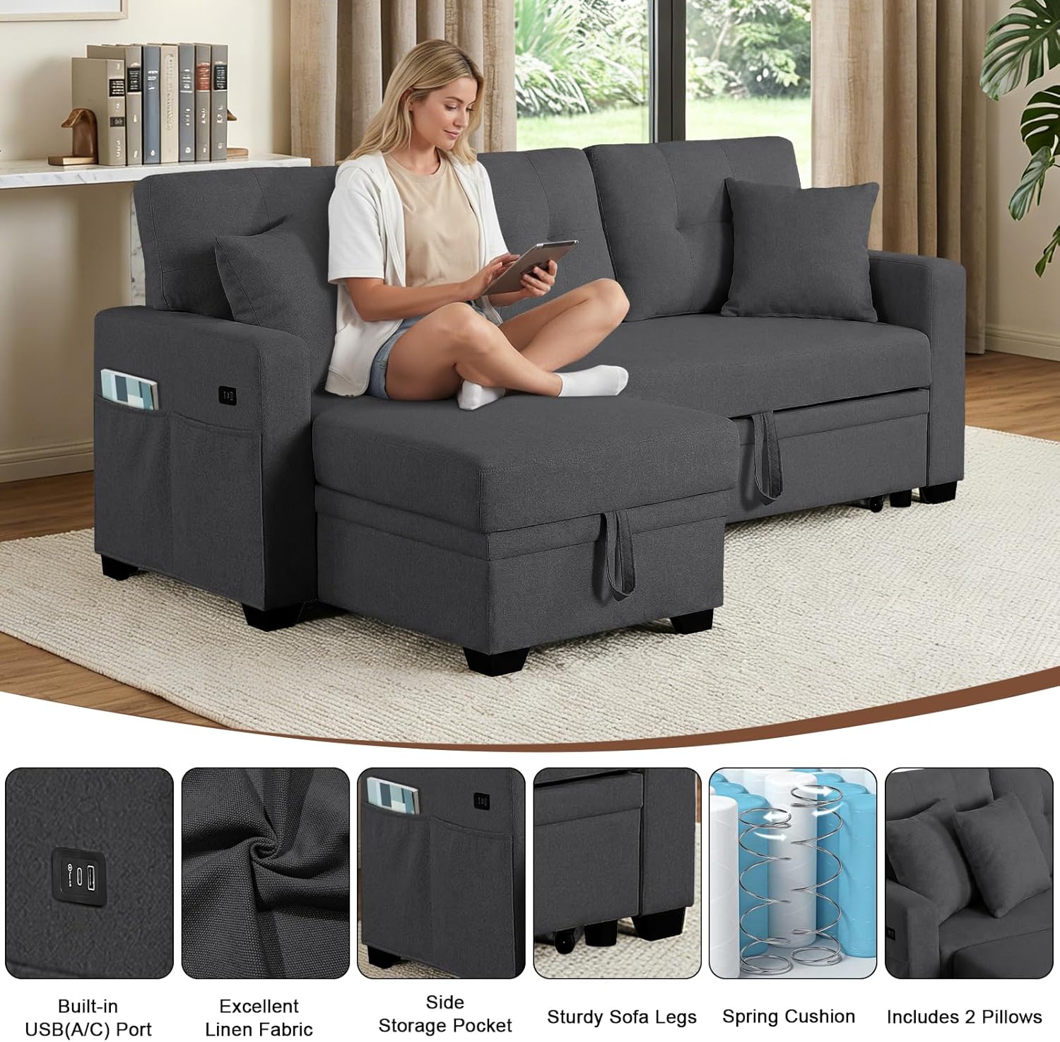82" L Shaped Sleeper Sofa Bed: Sectional Sleeper Couch with Pull Out Bed, Storage Chaise, USB Charging, 3 Seat Sectional Sofa Bed for Living Room (Linen Fabric, Dark Grey)