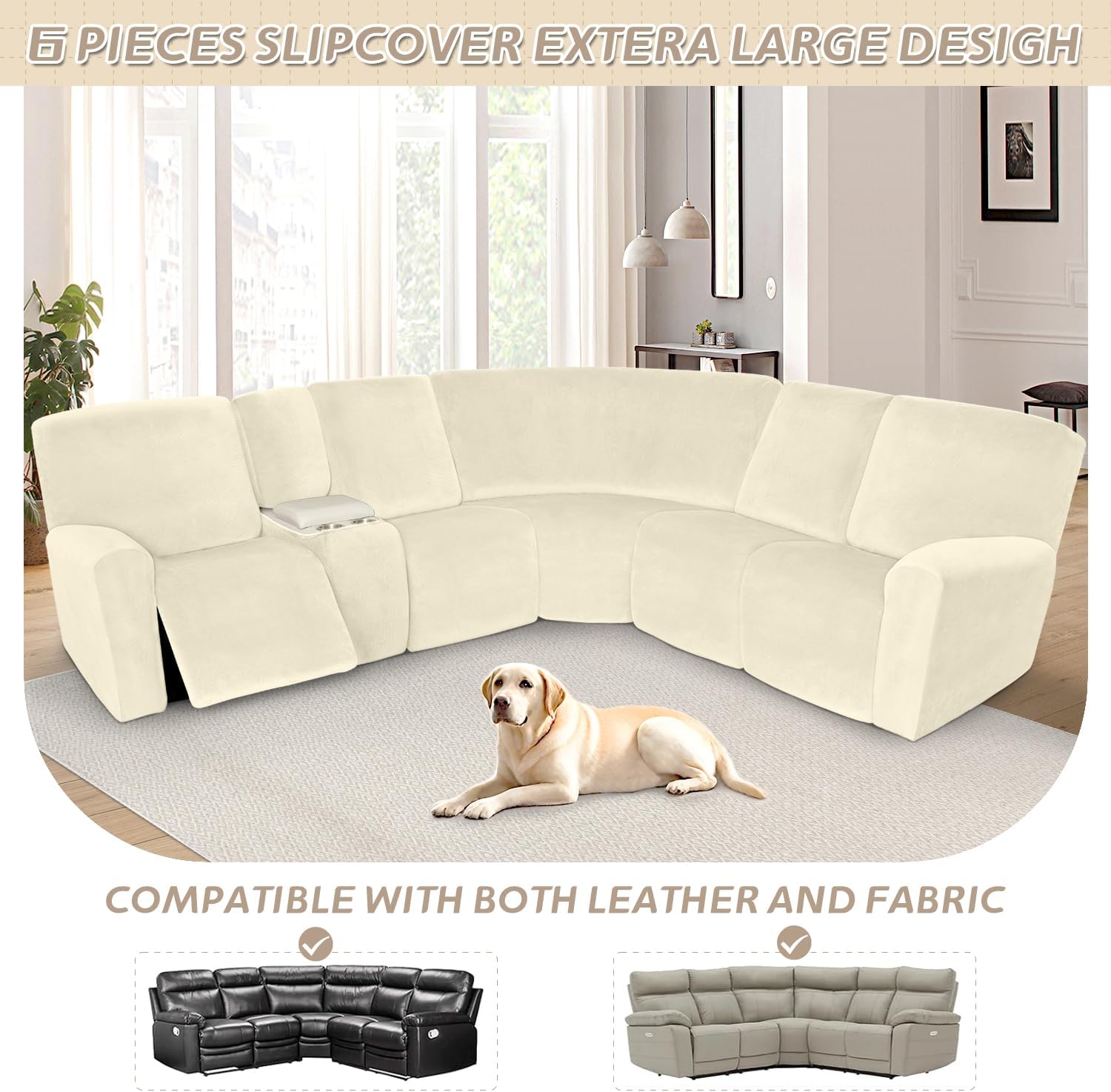 Arfntevss Sectional Recliner Couch Covers Velvet Washable Corner Sectional Sofa Cover for Reclining Stretch Soft Thick L Shape Recliner Slipcover Set (5 Seat with 1 Console Cover, Beige)