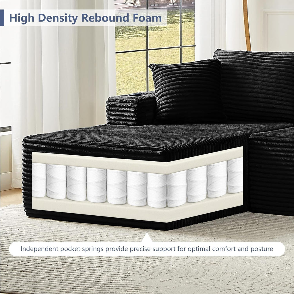 GNIXUU 133.5" Oversized U Shaped Black Boneless Sectional Couch with Cup Holders, Modular Sectional Cloud Sofa with Storage Pocket, Deep Seat Plush Corduroy Couches for Living Room, No Assembly! | easy to move around, 2 extra pillows, modular design