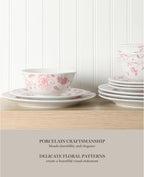 Martha Stewart Empress Bouquet 12-Piece Decorated Porcelain Chip and Scratch Resistant Dinnerware Plates and Bowls Set - Pink Floral