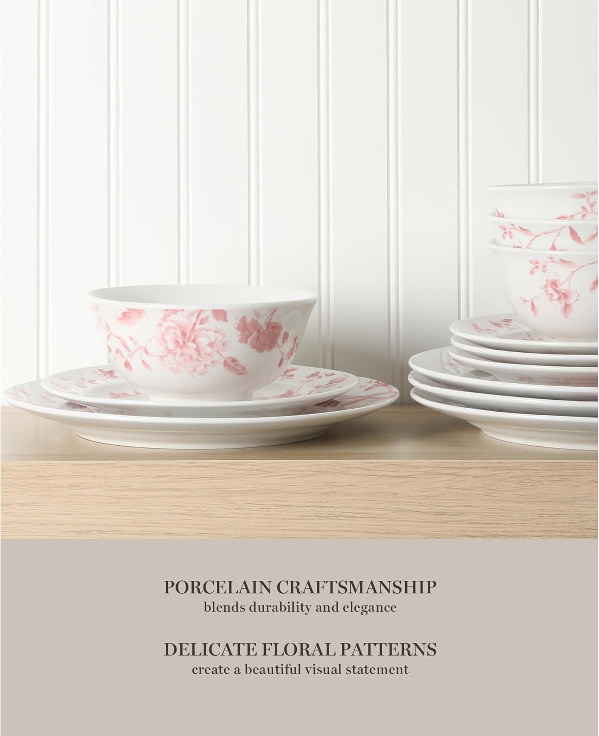 Martha Stewart Empress Bouquet 12-Piece Decorated Porcelain Chip and Scratch Resistant Dinnerware Plates and Bowls Set - Pink Floral
