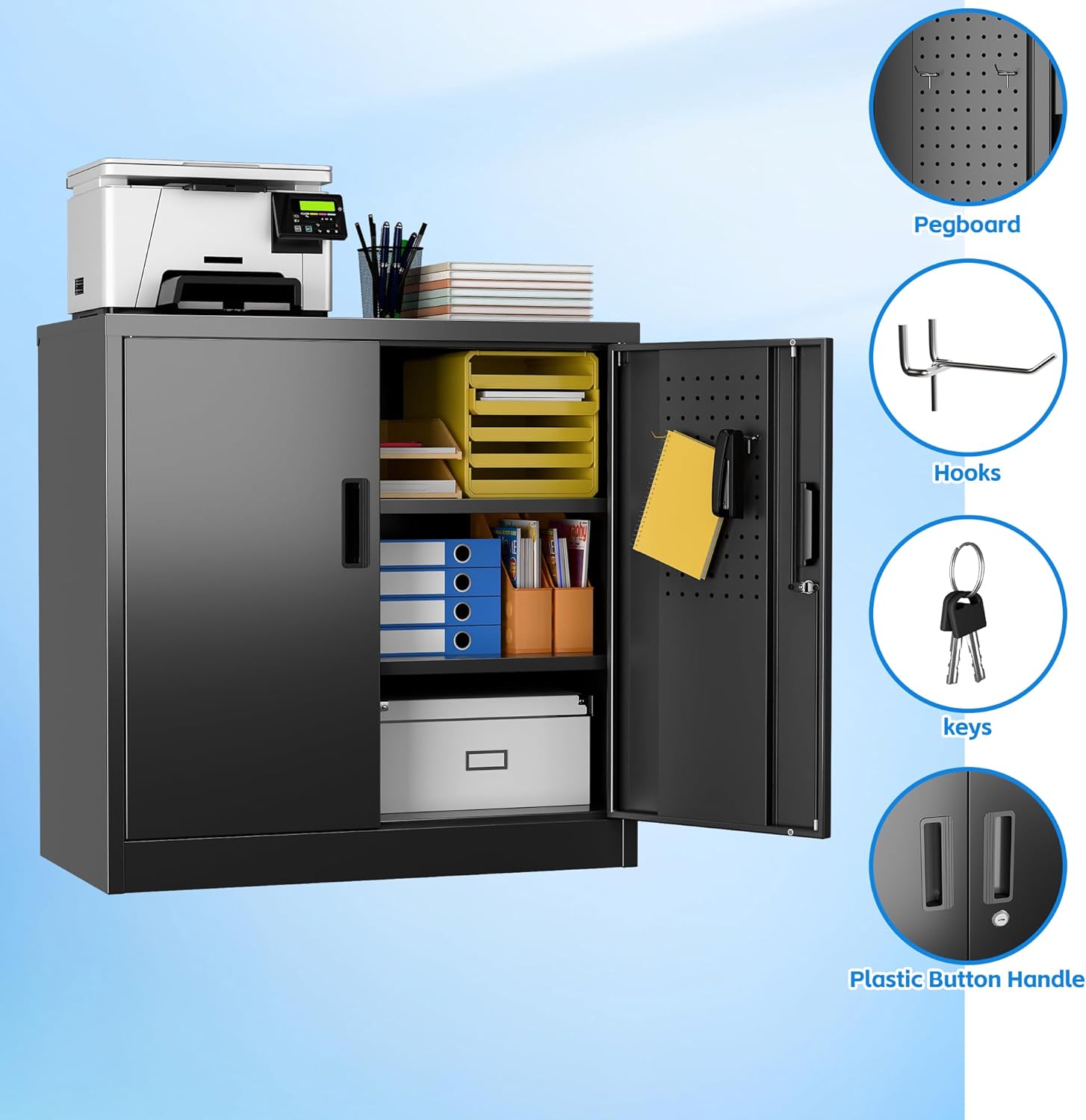 Metal Storage Cabinet with 2 Lockable Doors and 2 Adjustable Shelves, Locking Garage Storage Cabinet with Pegboard, Small Metal Cabinet with Lock for Garage, Home, Black, Assembly Required