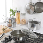 Martha Stewart Badgley Hybrid Nonstick 10 Piece TriPly Stainless Steel Pots and Pans Non-Toxic Kitchen Cookware Set - Laser Etched Perfect Sear Nonstick W/Stay Cool Handle Dishwasher & Induction Safe
