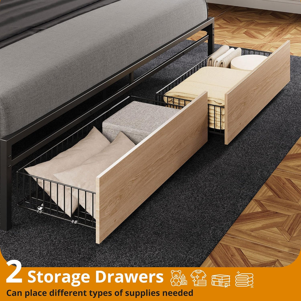 LIKIMIO California King Size Bed Frame, Storage Headboard with Charging Station, Platform Bed with Drawers, No Box Spring Needed, Easy Assembly, Wood and Cream