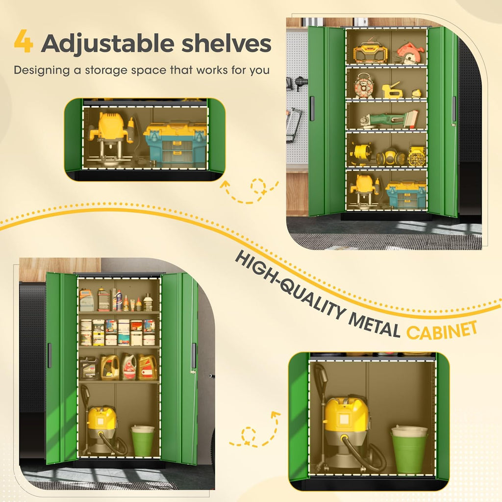 Greenvelly Metal Storage Cabinet, Steel Garage Cabinet with Doors and Adjustable Shelves, Metal Cabinet with Lock,Tall Metal Office Storage Cabinet for Garage,Home Office,School (Black Green)
