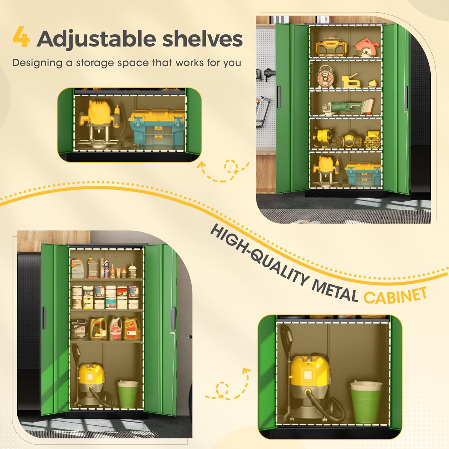 Greenvelly Metal Storage Cabinet, Steel Garage Cabinet with Doors and Adjustable Shelves, Metal Cabinet with Lock,Tall Metal Office Storage Cabinet for Garage,Home Office,School (Black Green)