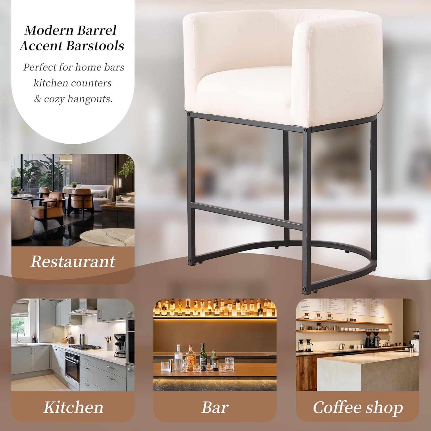 26" Counter Height Bar Stools Set of 3, Linen Fabric Upholstered Kitchen Counter Bar Stools, Modern Barrel Accent Barstools for Island with Backrest and Arms, Black Metal Frames, Linen