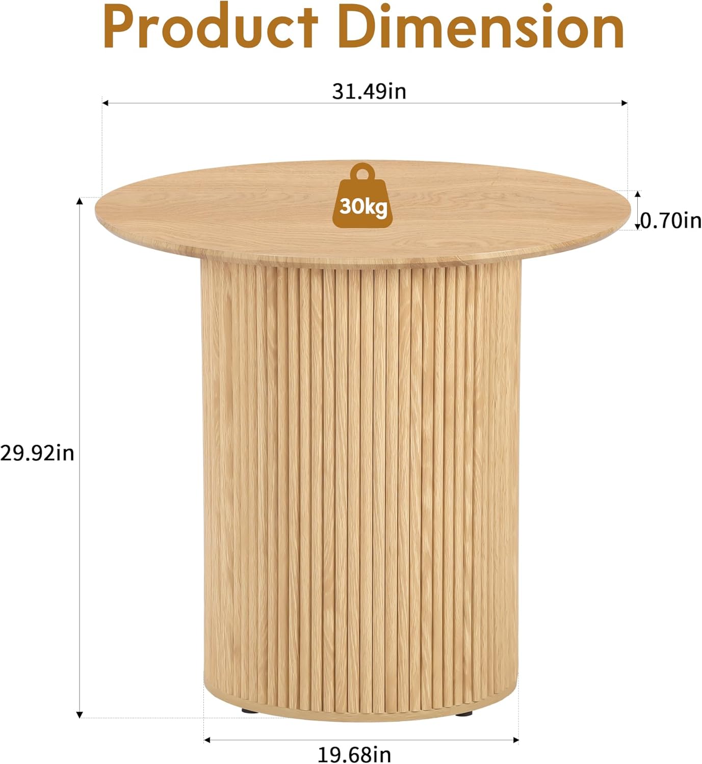 31.5" Small Round Dining Table for 2, Sturdy and Durable Natural Wood Dining Table Round with Fluted Base, Simple Setup Small Kitchen Table for Living Dining Room Office (Natural)