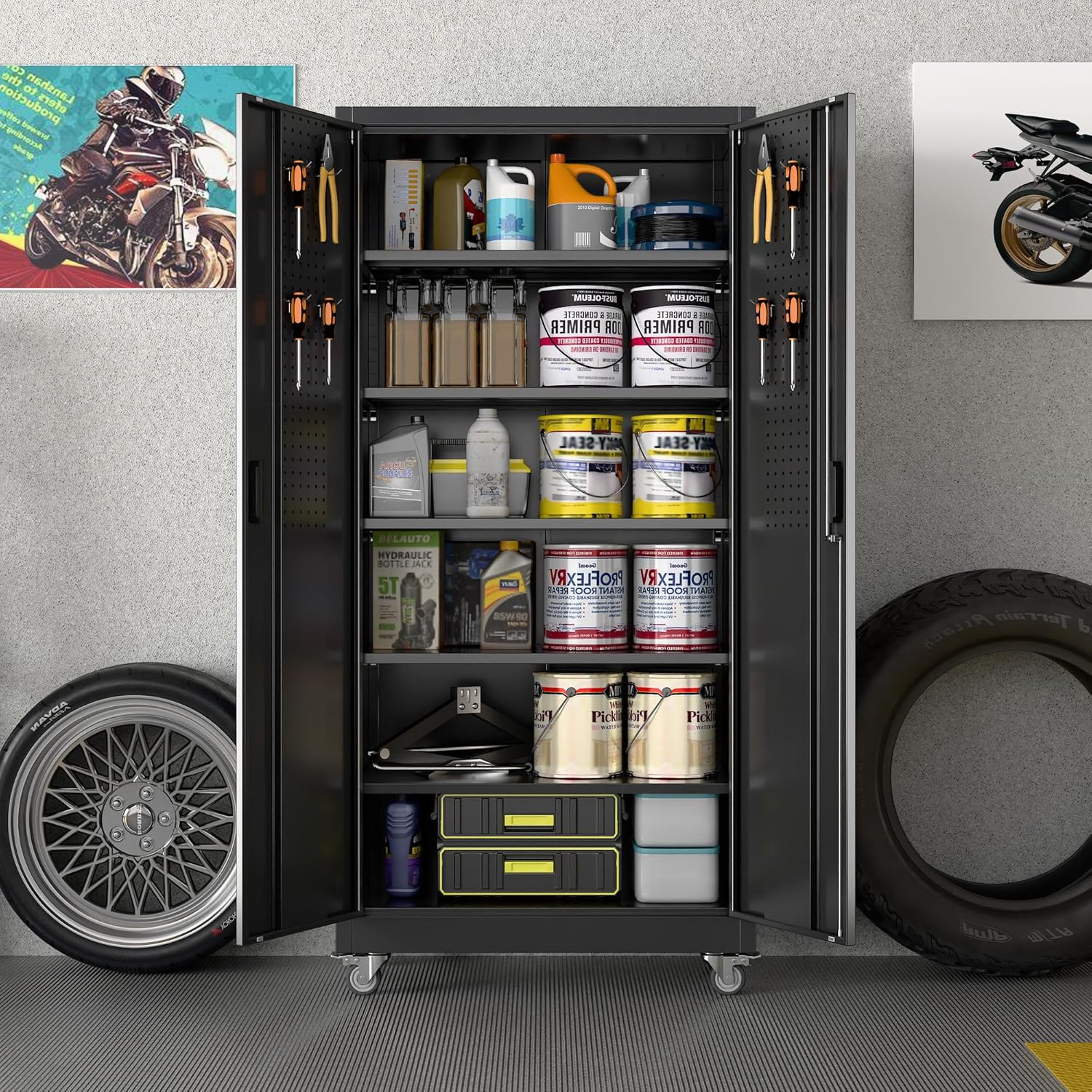 Garage Storage Cabinet with Wheels and Pegboard, Lockable Metal Storage Cabinet with 5 Adjustable Shelves and 4 Hooks for Garage,Warehouse, Assembly Required, Black, 71" H x 34" W x 18" D