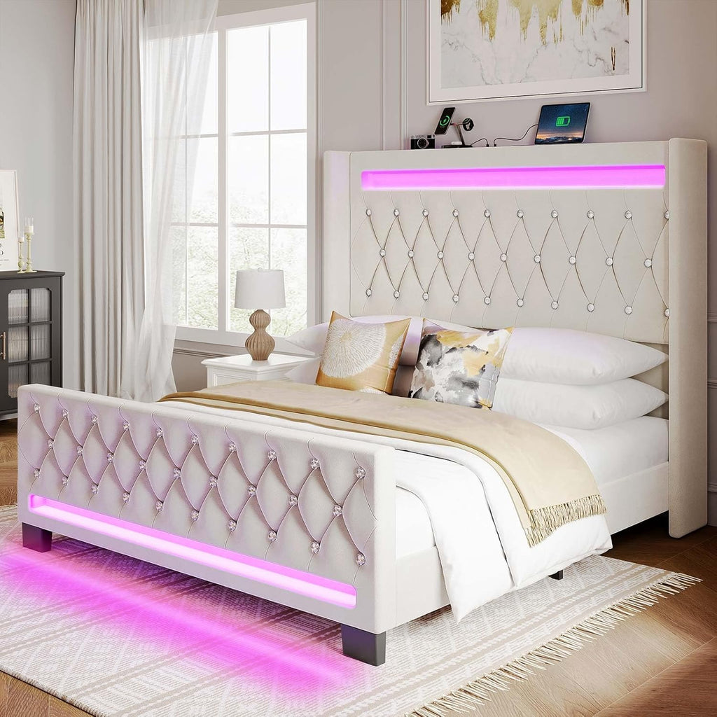 Rolanstar Full Bed Frame with LED Light and Charging Station, Upholstered High Headboard and Footboard, Wood Slats, Noise Free, Easy Assembly, Beige