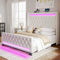 Rolanstar Full Bed Frame with LED Light and Charging Station, Upholstered High Headboard and Footboard, Wood Slats, Noise Free, Easy Assembly, Beige