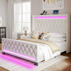 Rolanstar Full Bed Frame with LED Light and Charging Station, Upholstered High Headboard and Footboard, Wood Slats, Noise Free, Easy Assembly, Beige