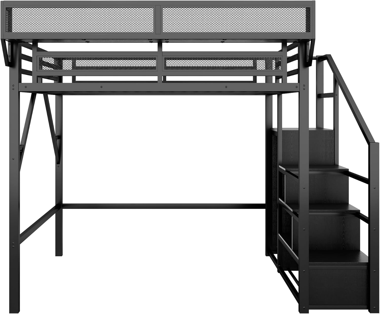 KEIKI Full Size Metal Loft Bed Frame with Convertible Staircase, Built-in Storage Shelves and Wardrobe, Loft Bed with Solid Slats, Guardrail, No Box Spring Required, Easy Assembly, for Bedroom, Black