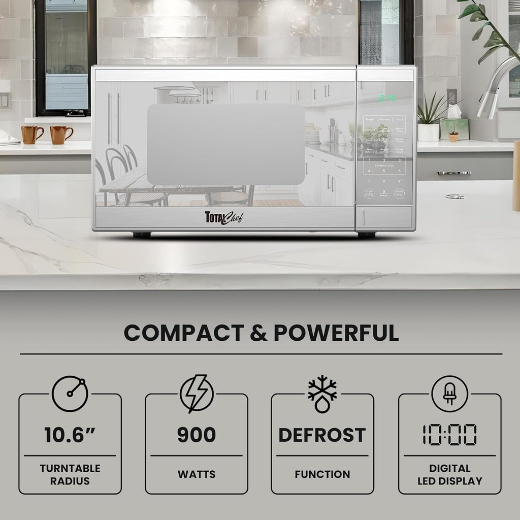 Total Chef 0.9 Cu Ft Microwave Oven – Compact Countertop Kitchen Appliance, Small Stainless Steel Microwave with Digital Touch, Pre-Set Functions, 10.6” Turntable, 900 Watt