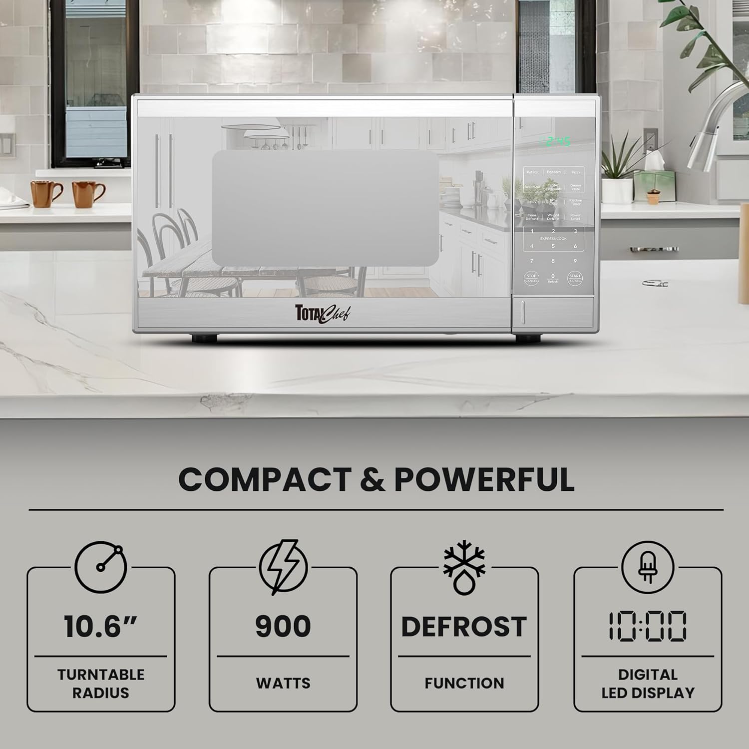 Total Chef 0.9 Cu Ft Microwave Oven – Compact Countertop Kitchen Appliance, Small Stainless Steel Microwave with Digital Touch, Pre-Set Functions, 10.6” Turntable, 900 Watt