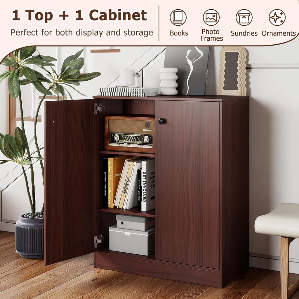 Giantex 2 Door Storage Base Cabinet - Freestanding Floor Cabinet with 3-Tier Shelf, Non-Slip Foot Pads, Kitchen Cupboard Storage Organizer for Living Room, Hallway, Entryway, Office (Brown)