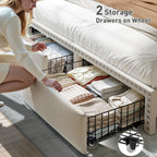 EnHomee Queen Bed Frame with 2 Storage Drawers, Upholstered Queen Platform Bed with LED Lights and Charging Station, Sturdy Wooden Slats Support, No Box Spring Needed, Noise Free, Beige