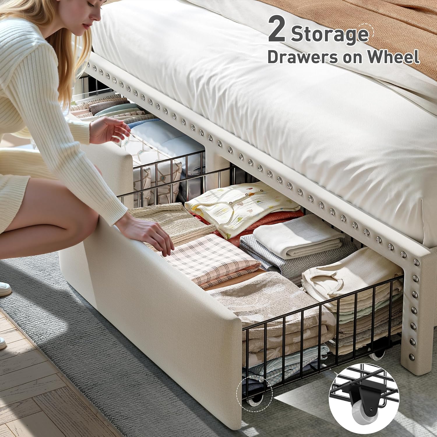 EnHomee Queen Bed Frame with 2 Storage Drawers, Upholstered Queen Platform Bed with LED Lights and Charging Station, Sturdy Wooden Slats Support, No Box Spring Needed, Noise Free, Beige