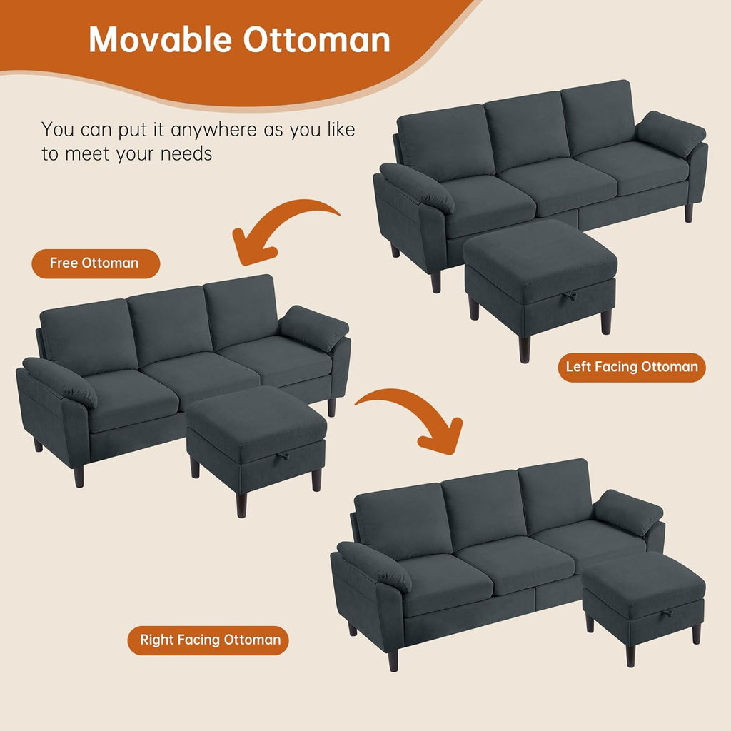 Convertible Sectional Sofa, Modern L Shaped 3-seat Sofa, 79" Linen Fabric Small Sectional Couch with Movable Ottoman, Couch for Small Spaces Living Room (Dark Grey)