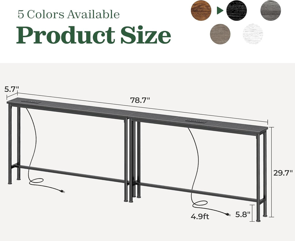 SUPERJARE 78.8 Inch Narrow Console Table with Outlet, Sofa Tables, Behind Couch Table, Long Entryway Tables with Charging Station, for Living Room, Black