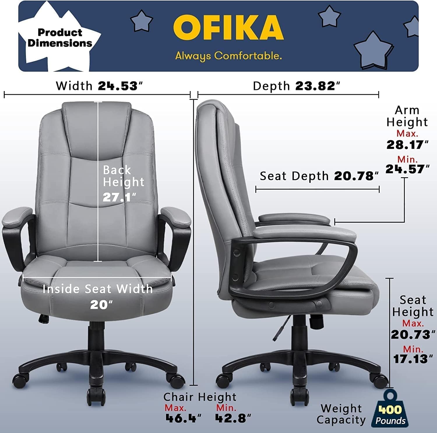 OFIKA Home Office Chair, 400LBS Big and Tall Chair Heavy Duty Design, Ergonomic High Back Cushion Lumbar Back Support, Computer Desk Chair, Adjustable Executive Leather Chair with Armrest (Grey)