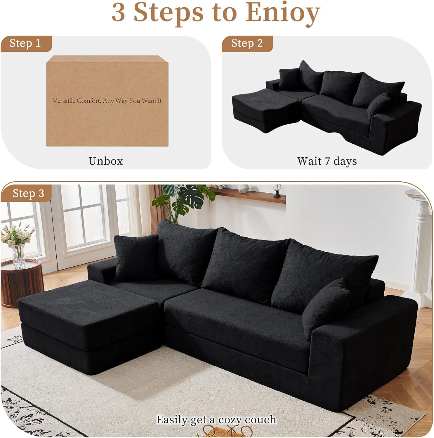 108'' Modular Sectional Couch, Modern 3-Seater Boneless Cloud Sleeper Sofa, L-Shaped Convertible Sectional with Non-Slip Bottom, No Assembly Required, Black
