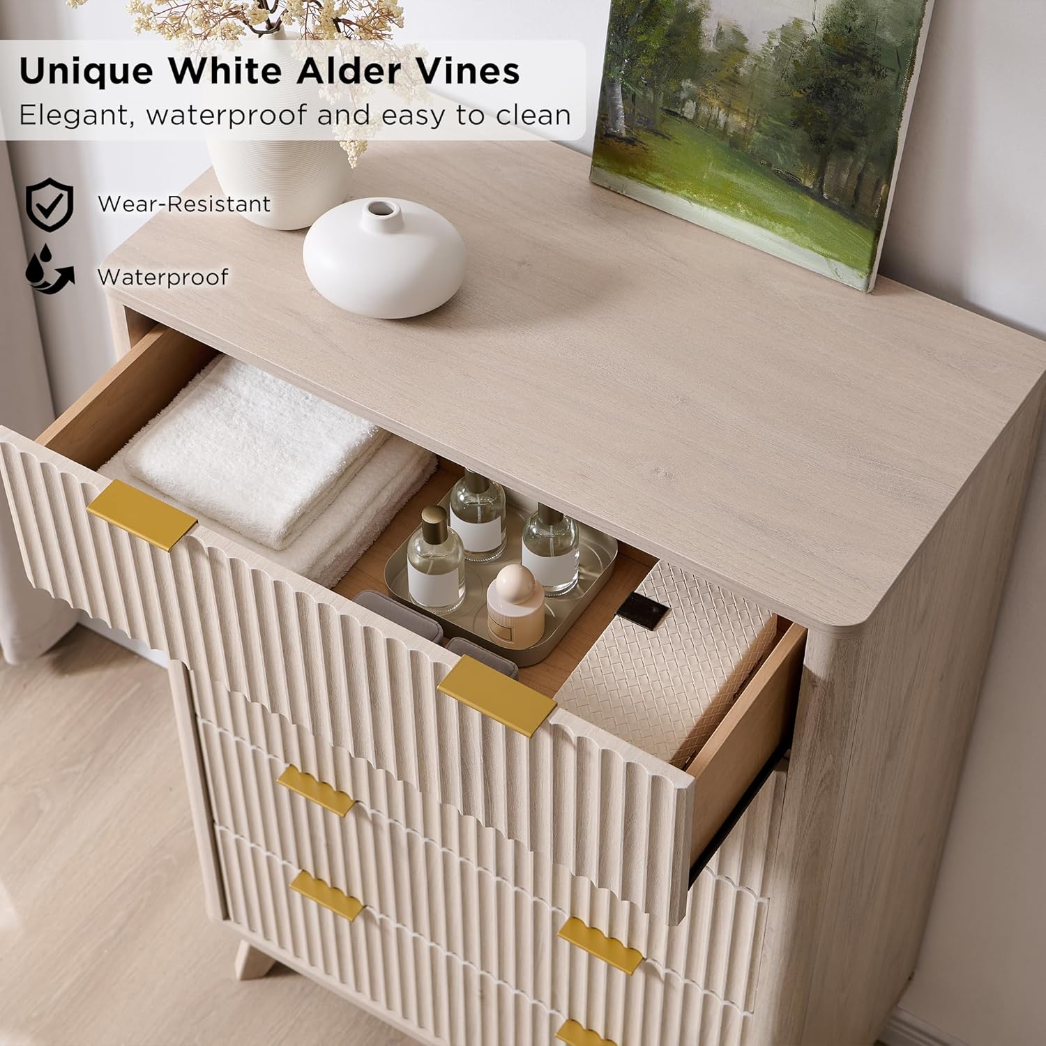 T4TREAM Fluted 5 Drawers Dresser, 48" Tall Modern Chest of Drawers, Curved Profile Design, Wood Drawer Organizer for Bedroom, Living Room, Hallway, Entryway, White Alder