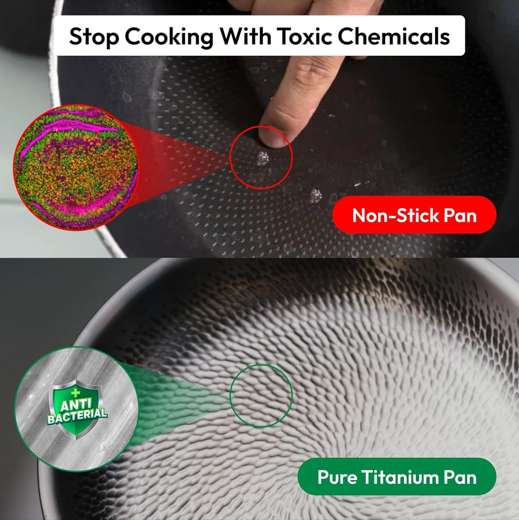 Plateful Titanium Pan For Cooking 12" - Pure, No Coating Non-Stick Titanium Cookware, Frying Pans, Hammered Pan, Safe For Oven, Induction & Cooktops Up To 750°F, Includes Lid