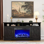 AMERLIFE 63" Farmhouse TV Stand with 26" Fireplace, for TVs up to 73", Entertainment Center with Adjustable Shelf & Barn Doors, TV Console Cabinet for Living Room, Antique Black & Oak