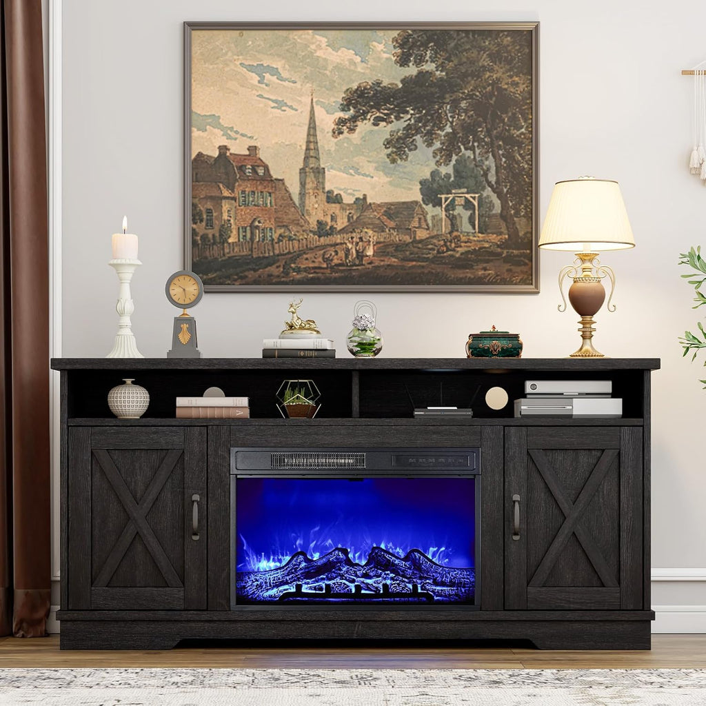 AMERLIFE 63" Farmhouse TV Stand with 26" Fireplace, for TVs up to 73", Entertainment Center with Adjustable Shelf & Barn Doors, TV Console Cabinet for Living Room, Antique Black & Oak