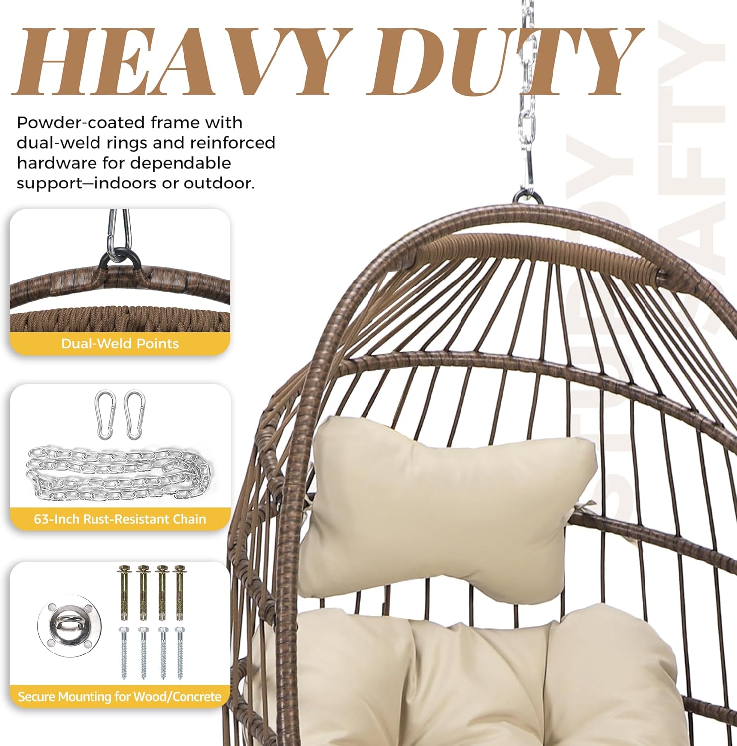 BULEXYARD Foldable Egg Swing Chair Without Stand, 350 Lbs Durable Rattan Wicker Hanging Patio Chair with Padded Cushion, Cozy Basket Hammock Seat for Indoor Outdoor Bedroom Balcony Tree, Brown Tan
