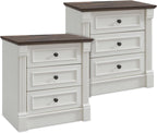 26" Tall Farmhouse Nightstand Set of 2, 3 Drawers End Table w/Charging Station, 23.6" Wide Large Side Table w/Roman Column, Wood Rustic Sofa Table for Bedroom, White