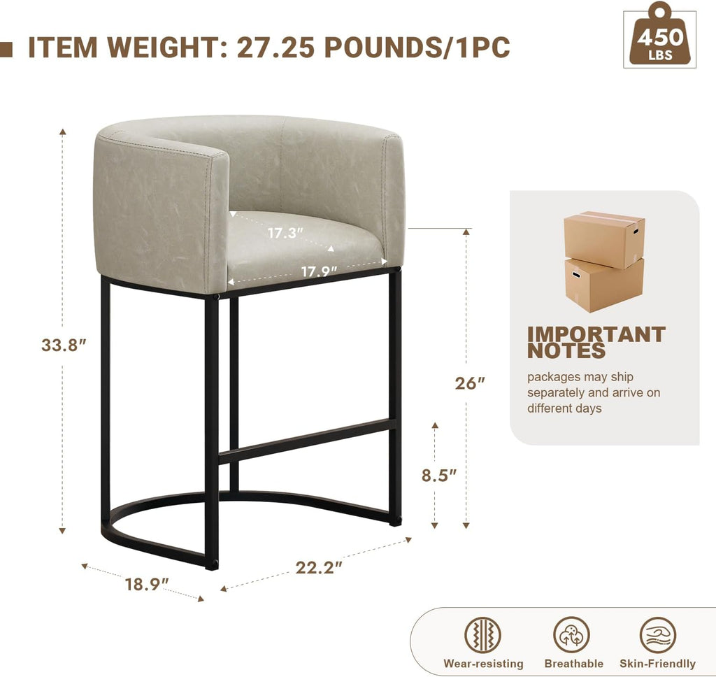 26" H Counter Height Bar Stools Set of 4, Modern Barrel Counter Stools with Backrest and Arms, Faux Leather Upholstered Accent Barstools for Kitchen Island,Support 450 LBS (Grayish White)