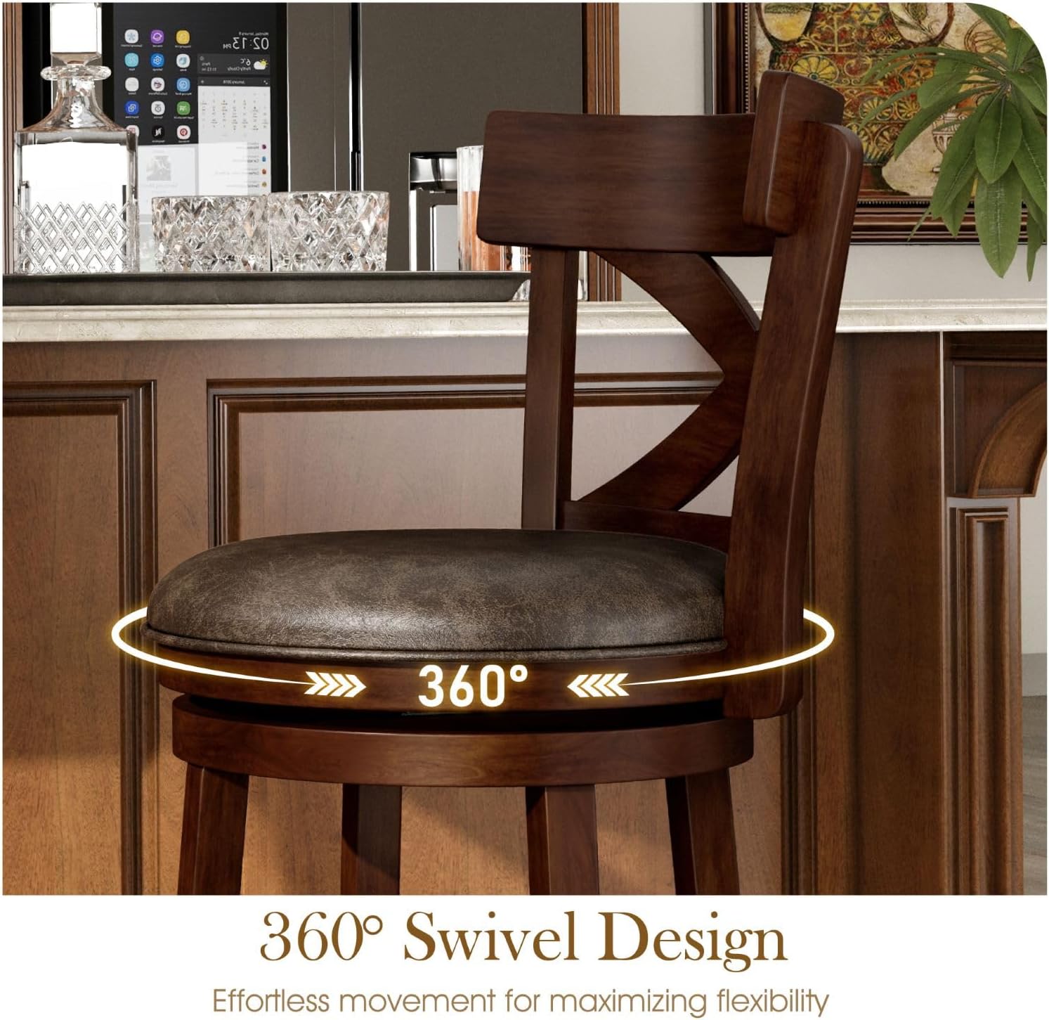 Sophia & William Swivel Bar Stools Set of 2, 360-Degree Swivel Stools with Cross Back, 30 Inch Walnut Kitchen Counter Bar Stools, Brown