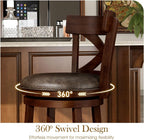 Sophia & William Swivel Bar Stools Set of 4, 30 Inch Bar Height Barstools with Cross Back & Walnut Wood Legs,Faux Leather Kitchen Stools, Brown