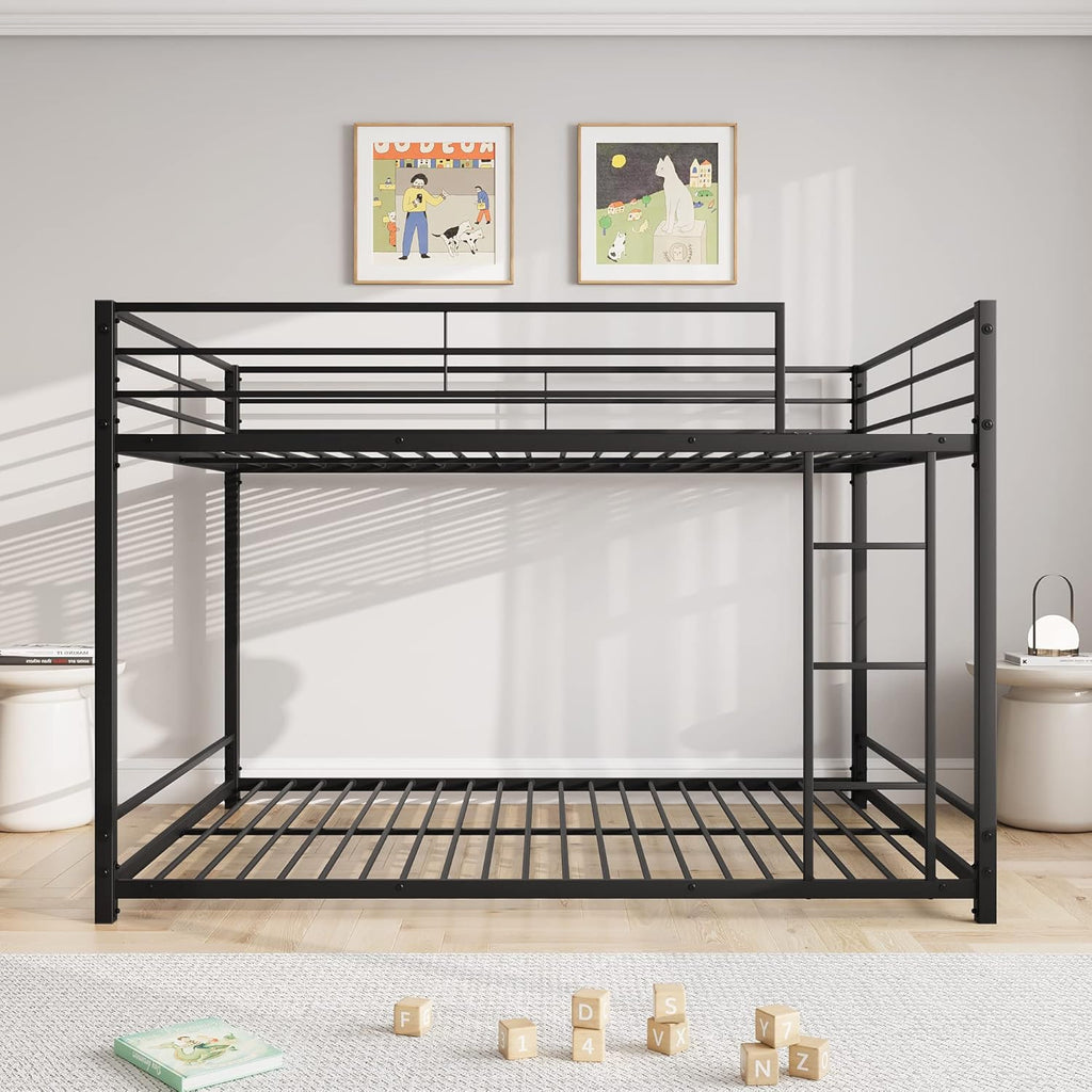 Full Over Full Bunk Beds, Metal Heavy Duty Full Size Bunk Beds for Kids, Full Size Bed Frmae for Boys and Girls,Loft Bed with Ladder and Guardrail for Small Spaces (Black)