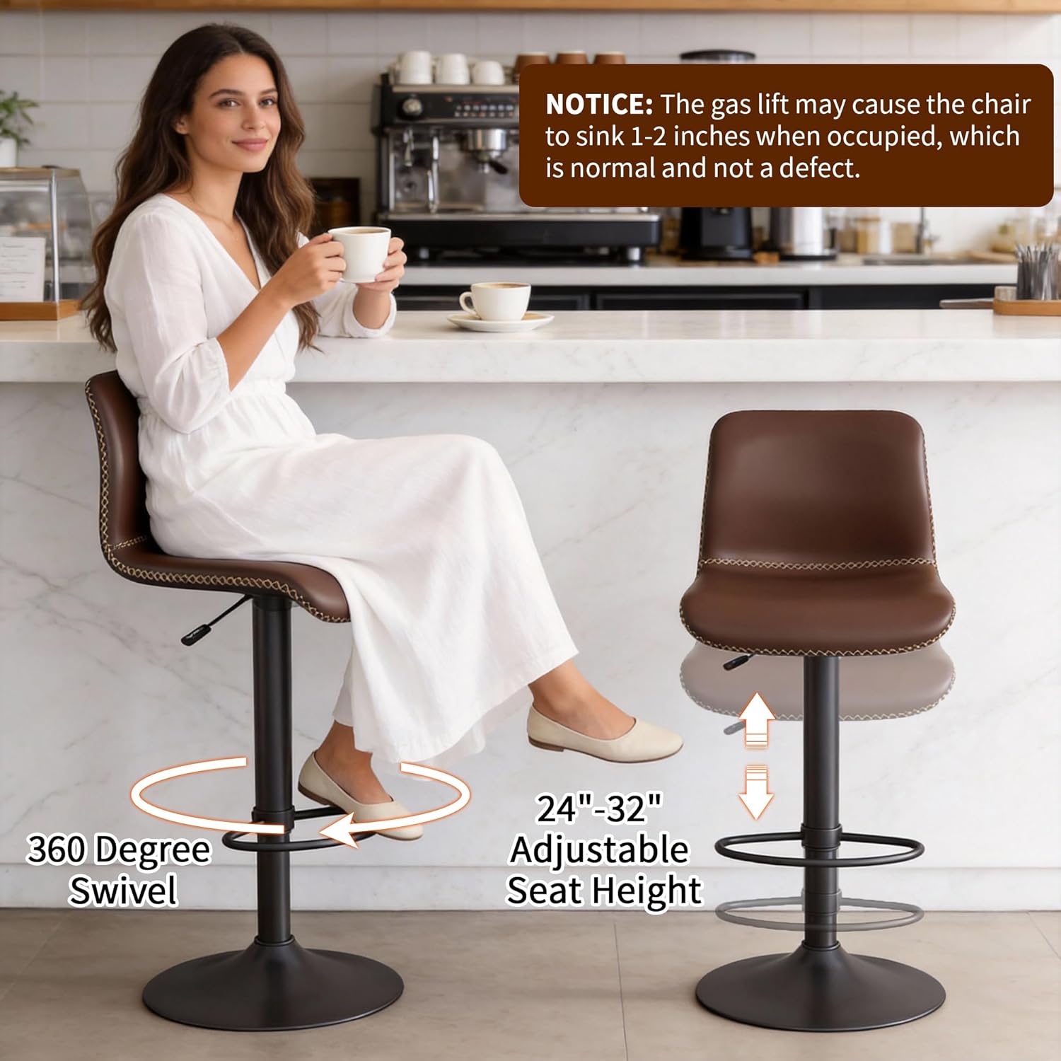 HeuGah Swivel Bar Stools Set of 4, Counter Height Bar Stools with Back, Adjustable Bar Stools 24" to 32", Brown Faux Leather Bar Chairs for Kitchen Island (Brown, Set of 4 (24'' to 32''))