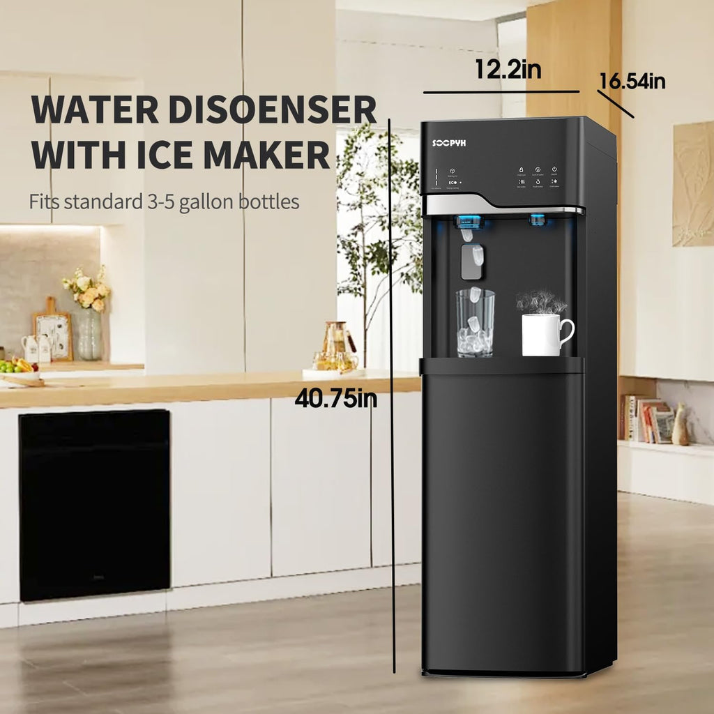 Self Clean Water Cooler Dispenser and Ice Maker Bottom Loading for 5 Gallon 3 Temperature Settings 22lbs Daily Capacity Ice Full Alert Night Light Black