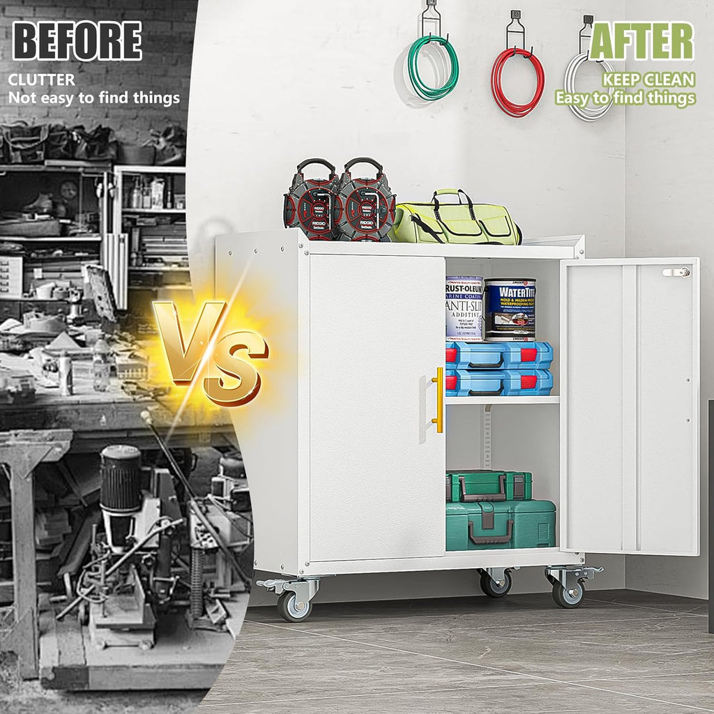 Metal Storage Cabinet with Wheels,Rolling Tool Cabinets with Doors and Adjustable Shelves,Lockable Garage Storage Cabinet,Heavy Duty Tool Chest for Home Office Utility Room,Assembly Required,White
