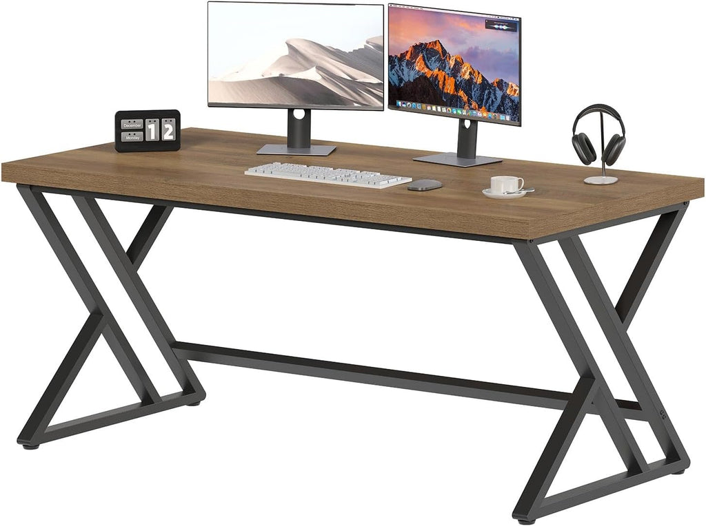LVB Wood Computer Desk, Rustic Home Office Executive Desk for Bedroom, Industrial Wooden Computer Writing Study Work Gaming Table, Modern Metal PC Student Simple Desk with Storage, 55 Inch, Rustic Oak