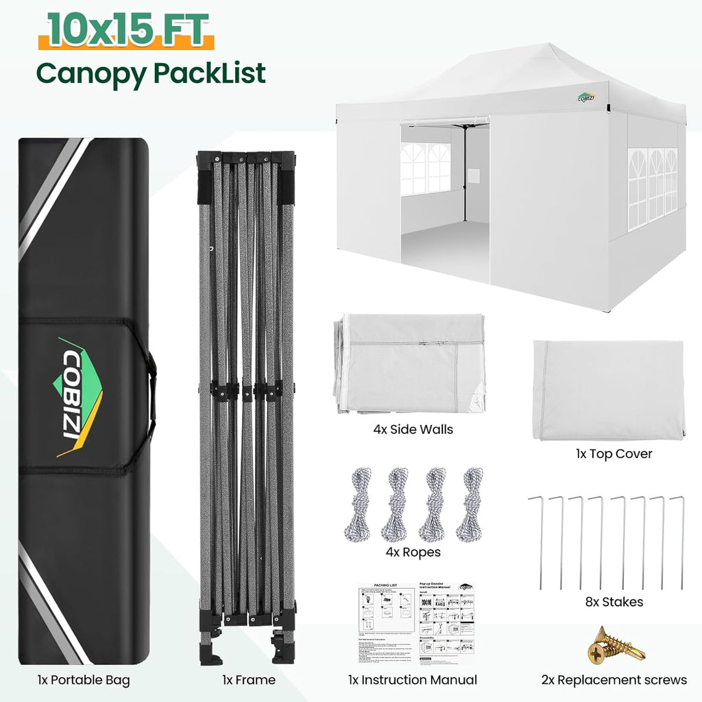COBIZI 10x15 Pop up Canopy Gazebo 3.0  Easy up Heavy Duty Canopy with 4 Removable Sidewalls  High Stability  All Weather Sunshade 100% Waterproof Outdoor Canopy Tents  White