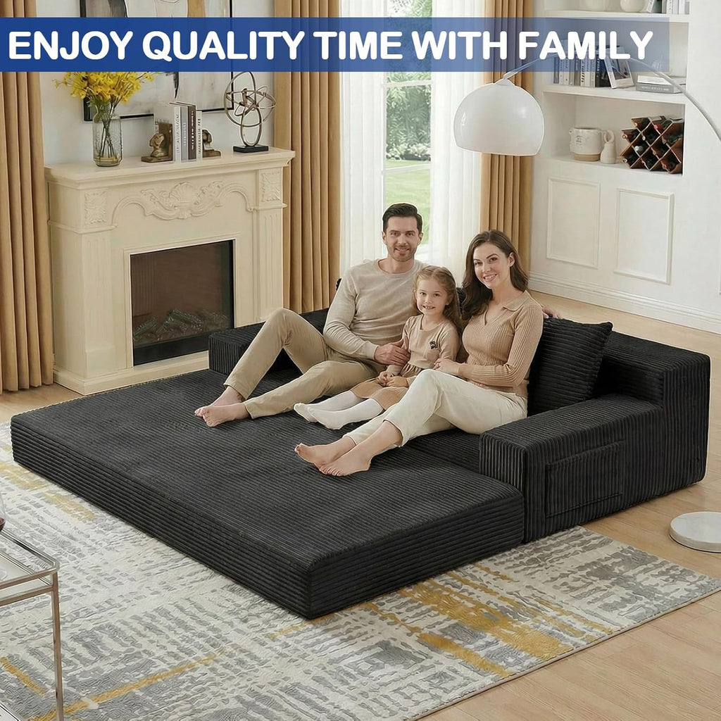 2 in 1 Convertible Boneless Couch Bed, Corduroy futon Sofa Bed, Compression Folding Floor Couch Sofas Bed with 3 Pillows for Bedroom, Small Space Guest and Living Room Sofa (Black, 78 Inches)