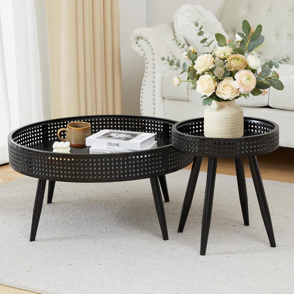 FurSch Modern Farmhouse Round Coffee Table Set of 2, Iron Rattan Nesting Side Table with Hidden Storage Basket for Living Room, Balcony, Patio, Poolside (Black)