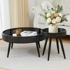FurSch Modern Farmhouse Round Coffee Table Set of 2, Iron Rattan Nesting Side Table with Hidden Storage Basket for Living Room, Balcony, Patio, Poolside (Black)