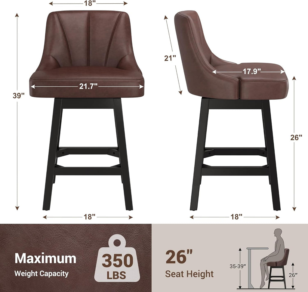 Swivel Bar Stools with Backs, 26" Counter Height Bar Stools Set of 4, Modern Leather Extra Upholstered Counter Barstools with Square Solid Wood Legs for Kitchen Island, Dining Room, Brown