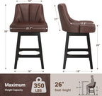 Swivel Bar Stools with Backs, 26" Counter Height Bar Stools Set of 4, Modern Leather Extra Upholstered Counter Barstools with Square Solid Wood Legs for Kitchen Island, Dining Room, Brown