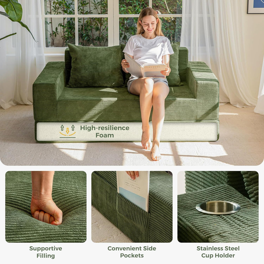 MAXYOYO Loveseat Sofa Bed, 64" Foldable Floor Sofa Couch in A Box with 2 Cup Holders, 4 in 1 Convertible Boneless Couch Folding Recliner Sleeper Chair for Living Room, No Assembly Required, Green